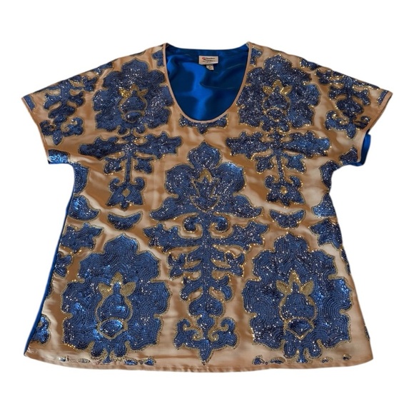 Tracy Reese Mixed Media Cap Sleeve Sequin Sheer Overlay Blue Tan Size M Neiman - Picture 10 of 14